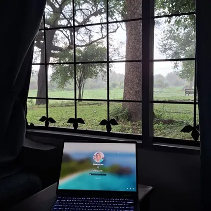 open laptop in a dark room with a screen window looking outside at trees